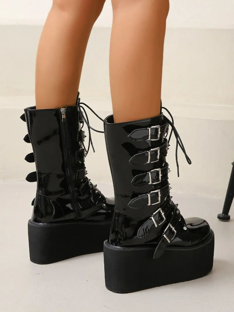 Women's Patent Leather Platform Goth Boots